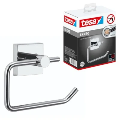 Imagen de tesa Ekkro Portarrollos para papel higiénico, de metal cromado brillante, autoadhesivo, tecnología montaje adhesiva, 110 x 133 47 mm