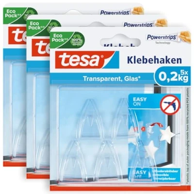 Imagen de tesa ganchos adhesivos para vidrio, invisibles colgar espejos y superficies transparentes, soportan hasta 0.45 libras por gancho, paquete de 15, incluye 24 tiras adhesivas