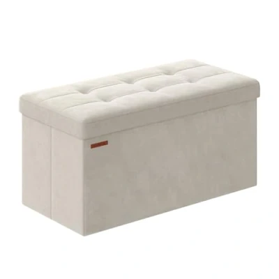 Imagen de SONGMICS Puff Almacenaje, Baúl de Almacenaje Plegable, 38 x 76 cm, Taburete Reposapiés, Banco Cubo, Soporta hasta 300 kg, para Sala Estar, Dormitorio, Entrada, Blanco Crema LSF247W01