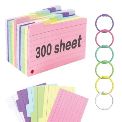 Imagen de 300PCS Flashcards,Tarjetas Estudio Tarjetas De íNdice Fichas Con Anillo Carpeta,Flashcards 3.3 * 4.9Pulgadas,Tarjetas Para Estudiar Estudiar, Oficina Escolar, Hogar (6 Colores)