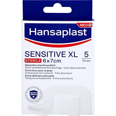 Imagen de Hansaplast apósitos Sensitive XL, para la protección de heridas medianas a grandes, parches hipoalergénicos y estériles sin látex, 1 paquete 5 unidades 6 x 7 cm