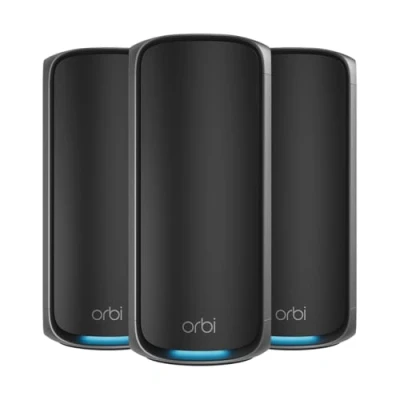 Imagen de NETGEAR Orbi Mesh WiFi 7 de Banda cuádruple Serie 970(RBE973BS), Router + 2 satélites Negra,Cobertura hasta 660 m2,200 Dispositivos,Puerto Internet 10 G,BE27000 (hasta 27 Gbps)