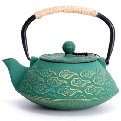 Imagen de MILVBUSISS Tetera de Hierro Fundido, Japonesa con Infusor para Hojas Sueltas, Hervidor Té 800ml Recubierto Interior Esmaltado, Patrón Nubes, Verde