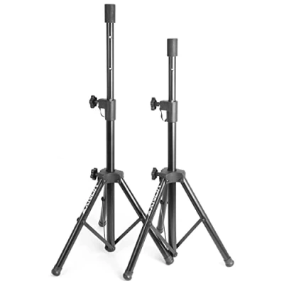 Imagen de Vonyx LS02K Pareja de trípodes para Altavoces, Capacidad Carga máxima 20 kg, Pasador fijación Seguro, Ideal Todos los Altavoces con Vaso (Tophat) 35 mm Altura MAX 1,15m.