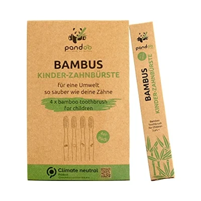 Imagen de pandoo económico set de 4 Cepillos dientes manuales ecológicos para niños (medio a suave) bambú Vegano, orgánico Cepillo piezas