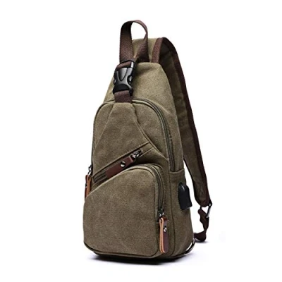 Imagen de FANDARE Bolsa de Pecho Hombre Lona Deportiva Hombro Bandoleras Cruzada con USB Mochila,Mochilas Pequeñas para Ciclismo,Acampada,Viaje Verde