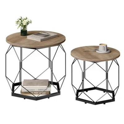 Imagen de WOLTU Juego de 2 Mesitas Cafe, Mesa Auxiliar Salon con Tablero Redondo, Centro Redonda en Estructura Metálica, Ideal para y Dormitorio, Madera Gris, BTS05grdc