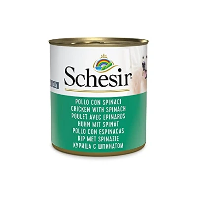 Imagen de Schesir, Comida húmeda para Perros Adultos, Sabor Pollo con Espinacas, filetes en gelatina Blanda Total 4,56 kg (16 latas x 285 gr)