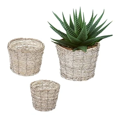 Imagen de Relaxdays Maceta, Set 3, Ratán, Macetero con Plástico, Tres Tamaños, Cestas Redondas Plantas de Interior, Blanco/Natural, Fibra Vegetal, 20 x 25 cm