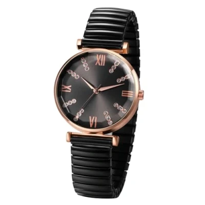Imagen de JewelryWe Reloj Analógico Elástico Mujer: de Cuarzo Redondo Negro Correa Extensible Acero Inoxidable Escala Números Romanos con Circonita Clara Fácil Leer para Ocio Negocios Regalos
