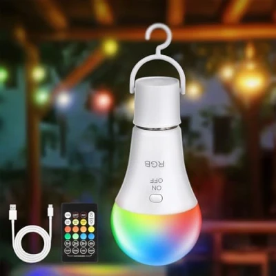 Imagen de Kimjo Bombilla Led E27, Recargable USB con Control Remoto 7W RGB Regulable Gancho, C, Para Camping, Interior, Exterior