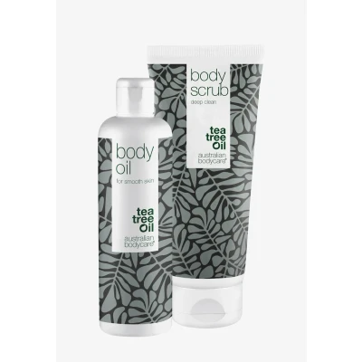 Imagen de 2 productos para mejorar el aspecto de la celulitis: Exfoliante Corporal 200ml con Aceite árbol té 100% natural, y 150ml que reduce visibilidad celulitis