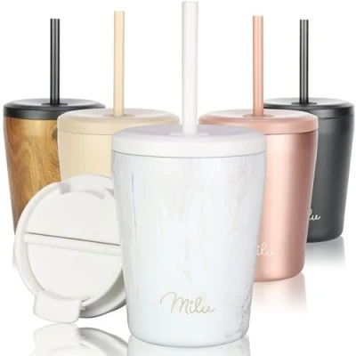 Imagen de Milu Termo Cafe 300ml, 400ml, 500ml Vaso Termico Antigoteo, Taza Termica acero inox sin BPA, Insulated Mug para llevar (Pink Marble, 300ml)