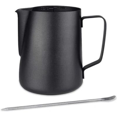 Imagen de Emsmil Juego de jarra leche acero inoxidable 900 ml, con medición marca y latte, lápiz negro, barista, espuma para capuchino, espresso