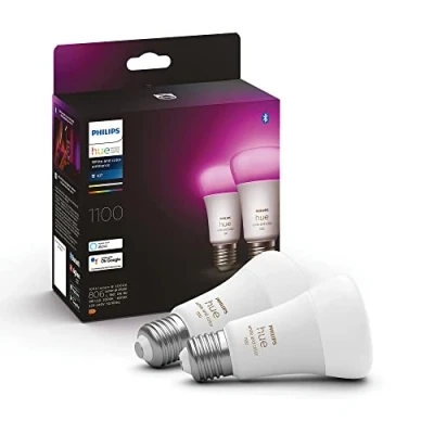 Imagen de Philips Hue Bombilla LED Inteligente, A60 E27, Luz Blanca y de Colores, 9W (Eq. 75W), 1100 Lumens, Compatible con Alexa Google Home Pack 2 Bombillas Inteligentes