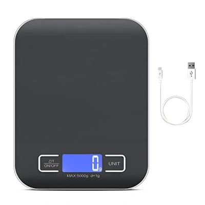 Imagen de Báscula de cocina digital, 10 kg/1 g, recargable por USB, con pantalla LCD y función tara, cable carga batería, color negro