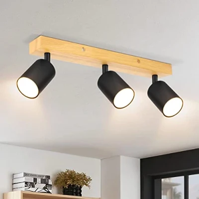 Imagen de Ketom GU10 Lámpara de Techo con 3 focos, Madera Focos Orientables, Negro Apliques Interior, Barras Modernas para el Salon, Dormitorio, Cocina, Comedor