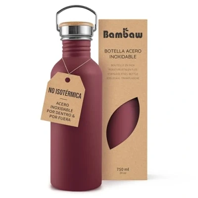 Imagen de Bambaw Botella agua acero inoxidable 750ml No Térmica, de roja, Cantimplora inoxidable, deportiva, reutilizable Rojo cereza