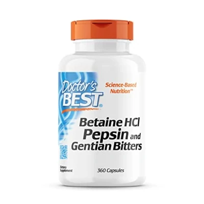 Imagen de Doctor&#039;s Best, Betaína HCI con Pepsina y Genciana Amarga, 650 mg, 360 Cápsulas blandas, Altamente Dosificado, Probado en Laboratorio, Sin Soja, Gluten, No GMO