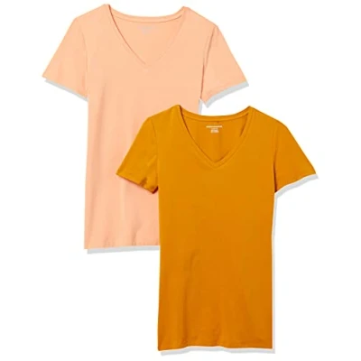 Imagen de Amazon Essentials Camiseta de Cuello en v Manga Corta y Ajuste Clásico Mujer, Pack 2, Naranja Coral/Amarillo Dorado, XL