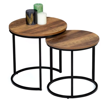 Imagen de IDMarket Juego de 2 mesas bajas nido Hawkins redondas 40/45 madera oscura diseño industrial