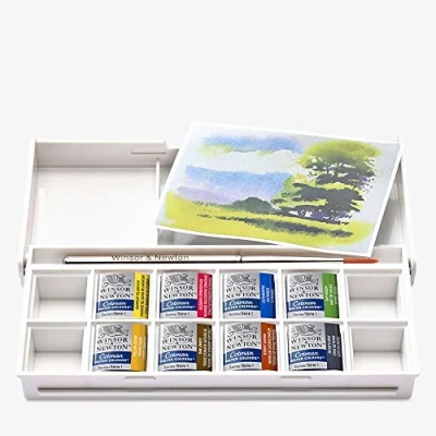 Imagen de Winsor &amp; Newton Acuarela Cotman Set temático de bolsillo Paisaje, 8 medio godets + 1 pincel viaje, colores surtidos