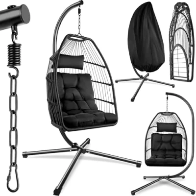 Imagen de tectake® Columpio Jardín Exterior, Silla Colgante con Cojín Extragrueso, Sillón Balancín Estructura de Acero y 4 Pies en Base, Hamaca Interior/Exterior, Plegable, Capacidad 160Kg Negro
