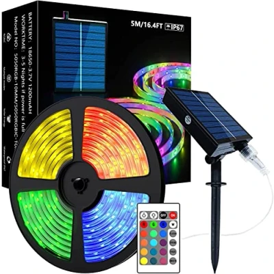 Imagen de tira de luces LED solares para exteriores, 16.4 pies, SMD 5050, RGB que cambian color, impermeable IP67 patio, árboles, jardín