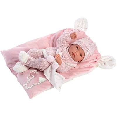 Imagen de Llorens 73860 Muñeca nica, con Ojos Azules y Cuerpo de Vinilo, Incluye Traje Rosa, Manta Seguridad, Chupete, Cadena para Chupete cojín Suave, 42 cm