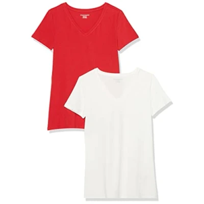 Imagen de Amazon Essentials Camiseta de Cuello en v Manga Corta y Ajuste Clásico Mujer, Pack 2, Rojo/Blanco, XS