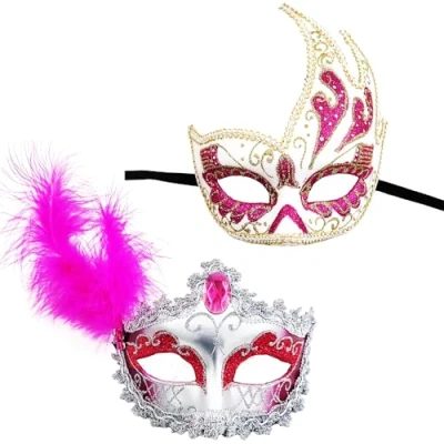 Imagen de 2 Mascara Veneciana para Carnaval con Purpurina Brillante, Media Cara Mujer de Material Resistente Pluma, Baile (Mascara Pluma Fucsia)