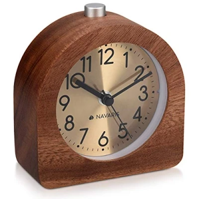 Imagen de Navaris Despertador analógico Reloj semicircular con luz de Madera función repetición En marrón Oscuro Fondo Dorado