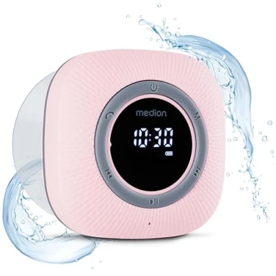 Imagen de MEDION P66096 Radio de Ducha con Bluetooth (Radio baño, FM, Ventosa, Pantalla LED, Impermeable IPX6, batería Recargable integrada, MD43884) Rosa