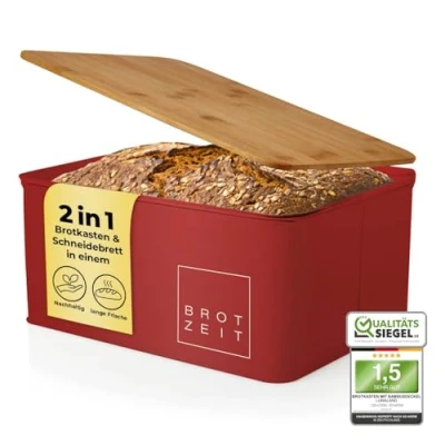 Imagen de Lumaland Cuisine Panera de Metal con Tapa Bambú Rectangular 30,5 x 23,5 14 cm 2en1 y Tabla Cortar [Rojo]