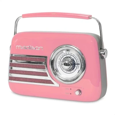 Imagen de Madison FREESOUND VR40P Radio a pilas de larga duración Vintage 30 W con Bluetooth, USB y FM Rosa