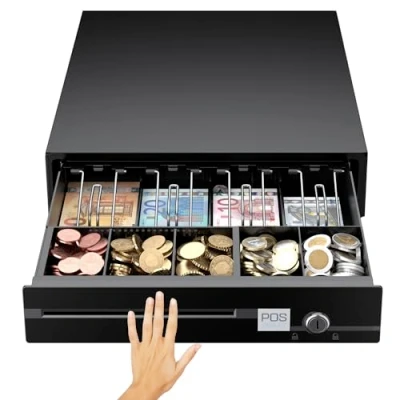 Imagen de POS VALLEY Cajón Portamonedas Pequena, Caja Registradora Apertura Manual a presión, 4 Billetes y 5 Monedas, Llave 3 Posiciones Bloqueo, 33x37cm, Negro