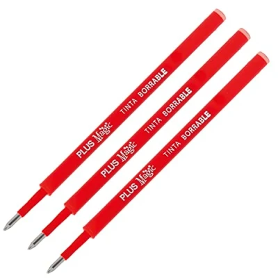 Imagen de PLUS Office Recambios para Bolígrafo Magic Borrable Retráctil, Tinta de Gel, Color Rojo, Punta 1 mm y trazo 0,7 mm. (Pack 3 Rojos)