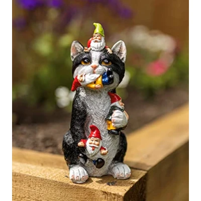 Imagen de Garden Mile Figura de gnomo resina para comer gato, colorida decoración interior al aire libre el hogar, patio, terraza, cama flores, pie, novedosa a prueba intemperie