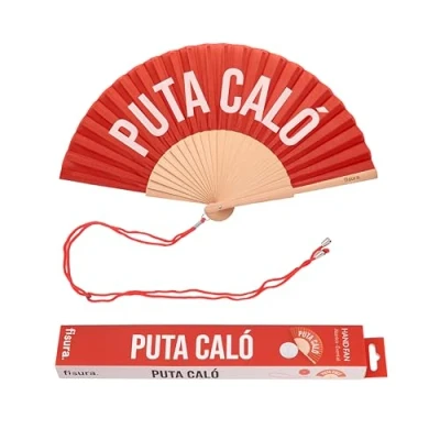 Imagen de Fisura Abanico original con mensaje “p*ta caló. de madera moderno y colorido. Ventilador mano rojo. Colgador incluido. Medidas: 42,5 x 23 cm