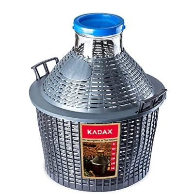 Imagen de KADAX Globo de Cristal con Cesta plástico, Abertura Ancha, tapón Goma, fermentación Vino, Botella Cristal, gallone, Recipiente fermentación,Beige, 10 L