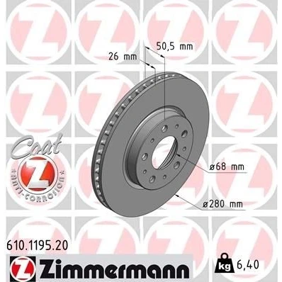 Imagen de ZIMMERMANN COAT Z 610.1195.20 Disco de freno 280 26 10/5 5 108 ventilación interna revestido VOLVO: 850 Berlina, S70, C70 I Coupé