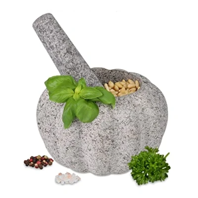 Imagen de Relaxdays Mortero con Mano, Granito, 10 x 15,5 cm, Resistente, Duradero, Sin Pulir, Molcajete Especias y Hierbas, Gris, 15.5 cm