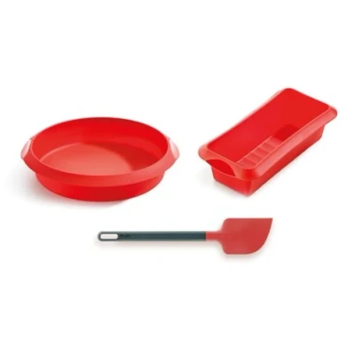 Imagen de Lékué Kit Moldes Repostería, Redondo + Rectangular Espátula, silicona platino Rojo