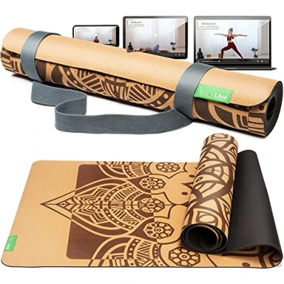 Imagen de BACKLAxx ® Esterilla Yoga de corcho con caucho natural antideslizante libre contaminantes zonas antideslizantes incl. correa estera y videos aplicación mat