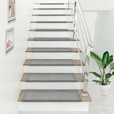Imagen de [en.casa] Set de 15 Alfombrillas Escalera para Peldaños Autoadhesiva Antideslizante Amortigua Sonidos Protección 65 x 24 + 4cm Borde Gris Claro