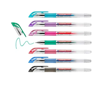 Imagen de edding 2185 roller gel negro, rojo, azul, verde, violeta, rosa, azul claro juego de 7 0,7 mm bolígrafo para escribir, colorear o decorar bullet journals rotulador mandalas