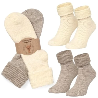Imagen de MOUNTREX® calcetines de alpaca, lana para hombre y mujer, invierno, térmicos, gruesos, 2 pares, Beige / Marrón Térmico con Sobre, 35 38