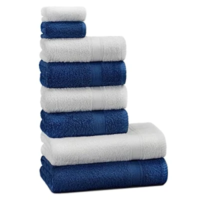 Imagen de Tuiste Juego de Toallas Azul Blanco 8 Piezas, 2 Baño (70x140) + 4 Manos (50x90) para la Cara (30x50), Súper Suave y Altamente Absorbente, Lujosas 100% algodón