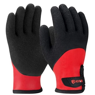Imagen de KAYGO guantes de trabajo impermeables y cálidos, recubrimiento látex mano completa, revestimiento térmico, para trabajos al aire libre en invierno congeladores (Negro Rojo, talla 8)