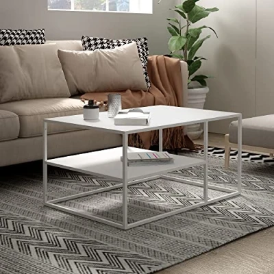 Imagen de [en.casa] Mesa de Centro con Estante Auxiliar Rectangular Inferior para Salón Resistencia Acero 45 x 90 60 cm Blanco Mate